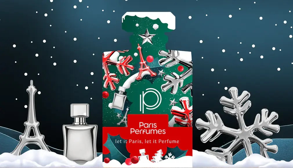 Žalia flakono formos Paris Perfumes 2026 kalendoriaus dėžutė su raudonomis snaigėmis ir užrašu let it Paris, let it Perfume