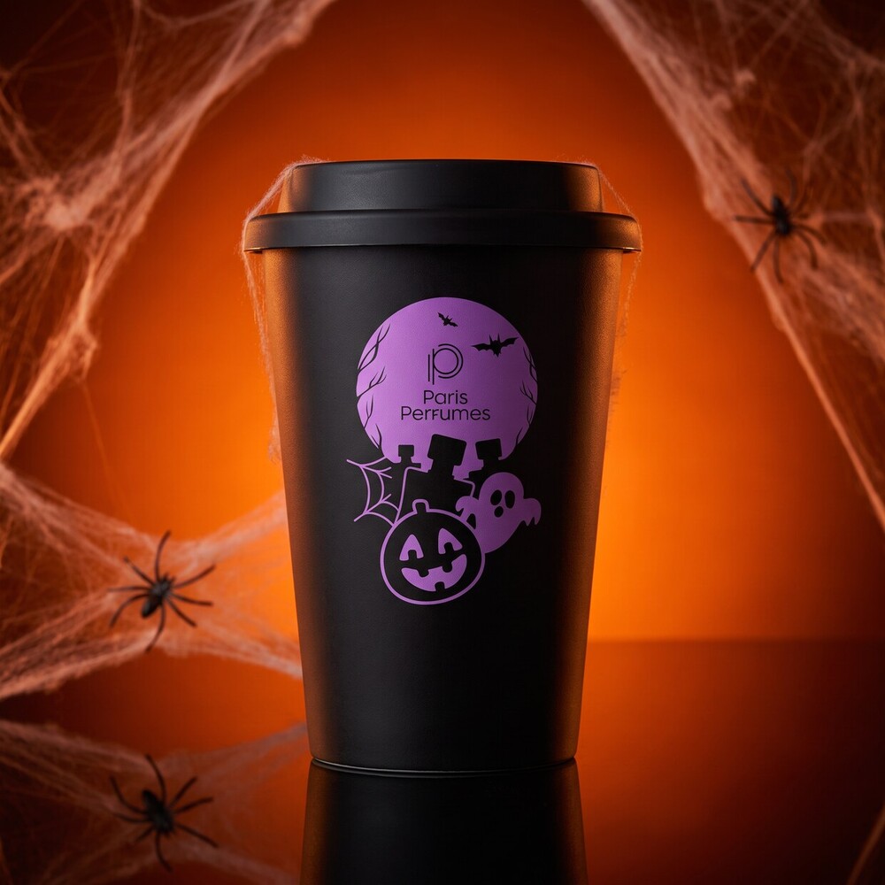 Juodas termo puodelis Hokus Paris Halloween Edition oranžiniame fone su voratinkliu