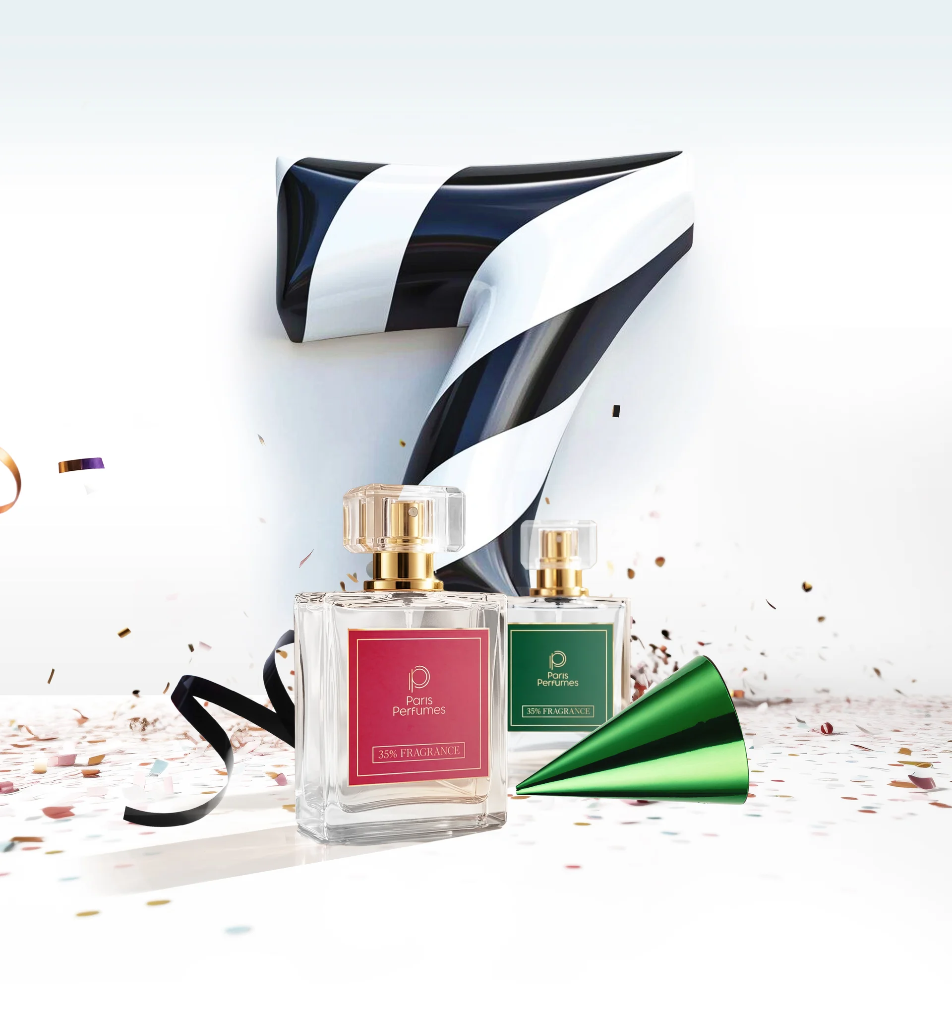 Gimtadienio kompozicija su skaičiumi 7 ir Paris Perfumes buteliukais