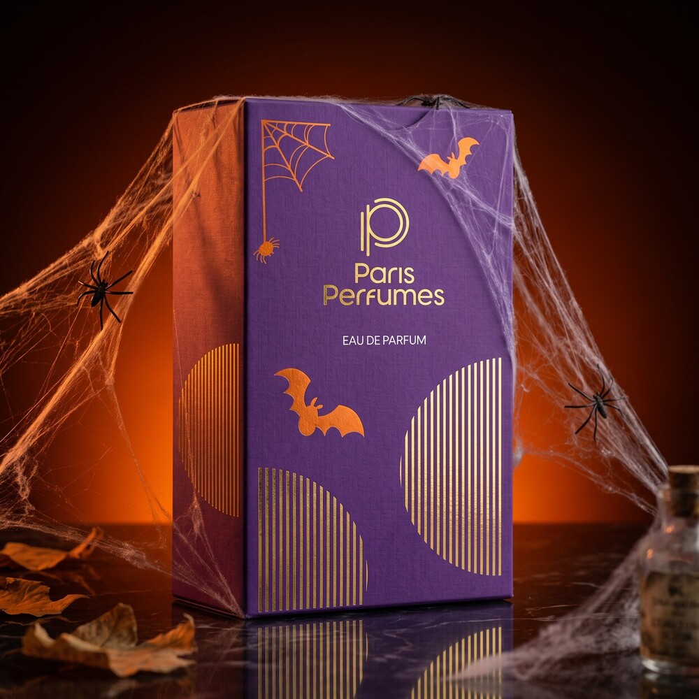 Violetinė-oranžinė Paris Perfumes BLIND BOX dėžutė Helovino aplinkoje
