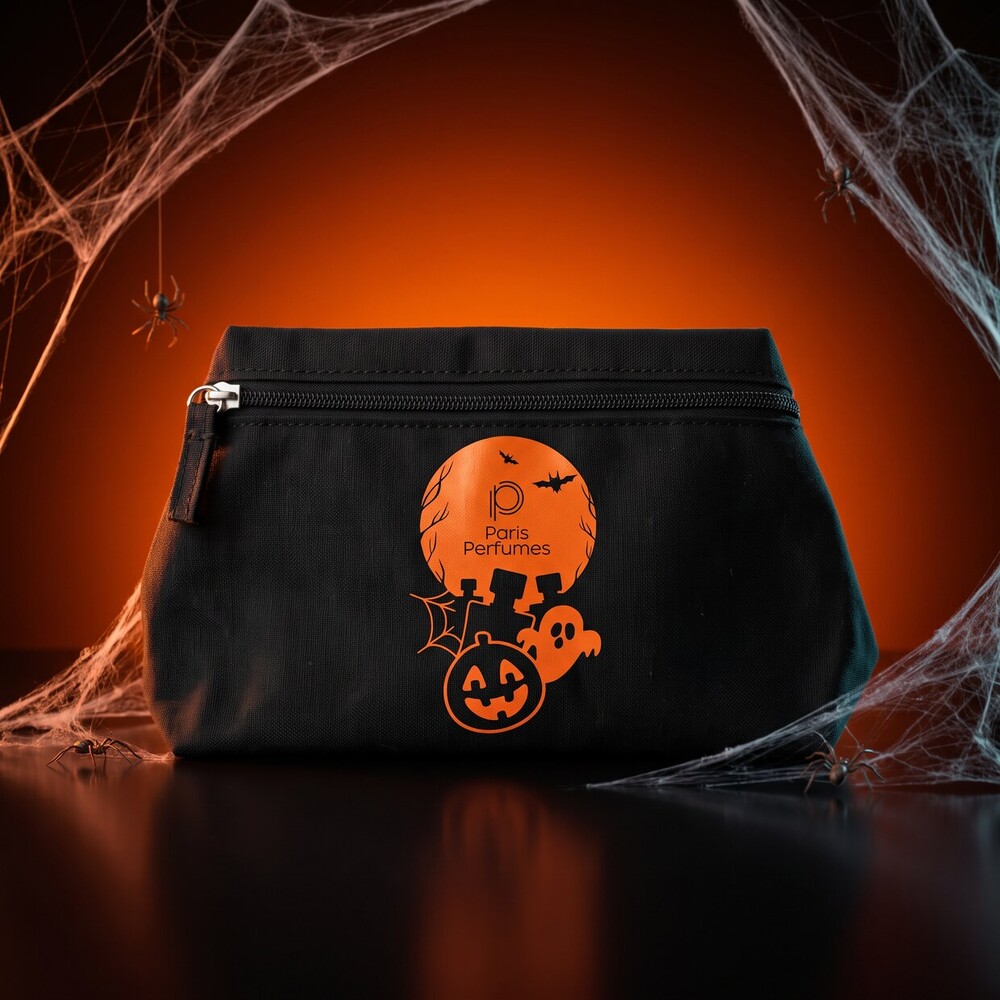 Juoda mini kosmetinė Spell Pouch su Paris Perfumes moliūgu voratinklio fone